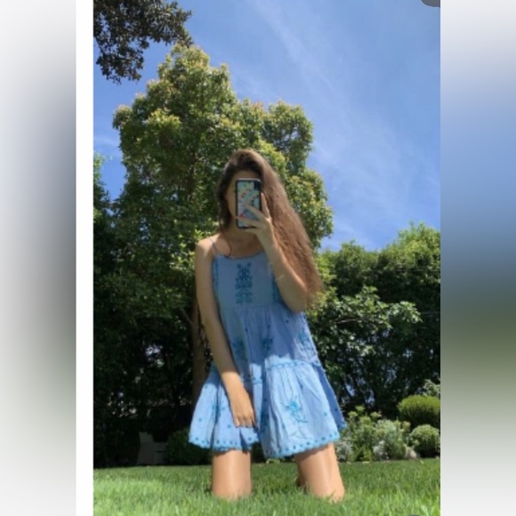 Urban Outfitters UO Blue Hanna flower Embroidered Scalloped Babydoll Mini Dress - Picture 6 of 16